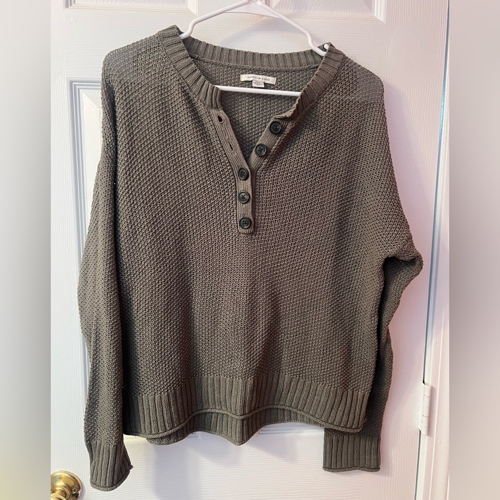 American Eagle Outfitters Olive Green Button-Henley Knit Sweater